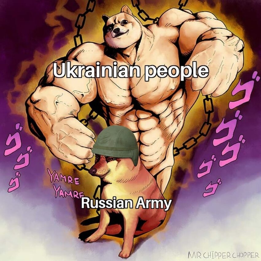 huge doge (Ukrainian people) attacks small dog (Russian army)