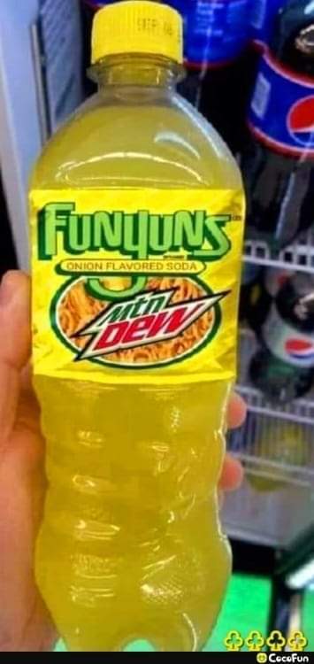 bottle of Funyuns onion flavored soda Mt. Dew