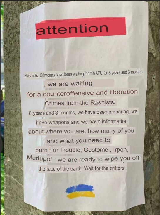 Rashists, Crimeans have been waiting the the APU for 8 years and 3 months. We are waiting for a counteroffensive and liberation Crimea from the Rashists. We have information about where you are, how many of you, and what you need to burn. For Trouble, Gostomel, Irpen, Mariupol - we are ready to wipe you off the face of the earth! Wait for the critters!