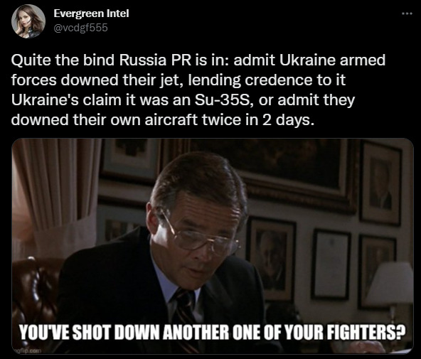 quite the bind Russia PR is in: admit Ukraine armed forces downed their jet, lending credence to Ukraine's claim it was an Su-35S, or admit they downed their own aircraft twice in 2 days.