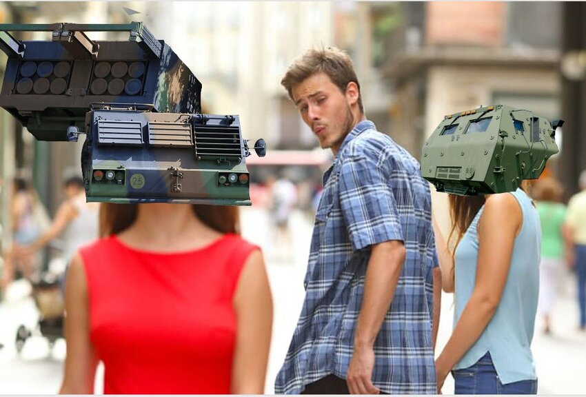 distracted boyfriend looks at M270 instead of HIMARS