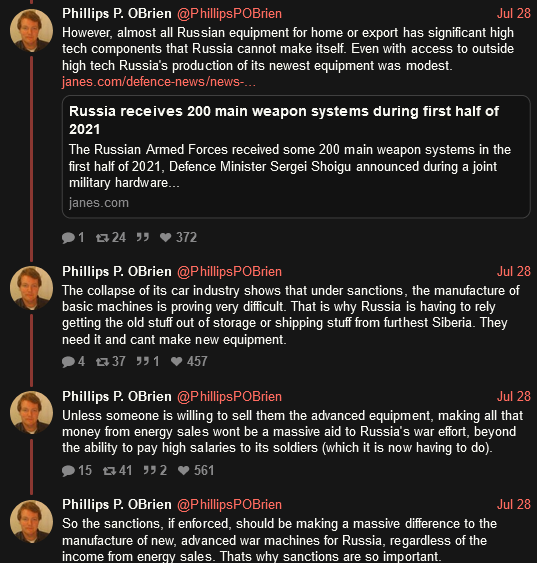 The collapse of its car industry shows that under sanctions, the manufacture of basic machines is proving very difficult. That is why Russia is having to rely on getting the old stuff out of storage or shipping stuff from furthest Siberia. They need it and can't make new equipment.