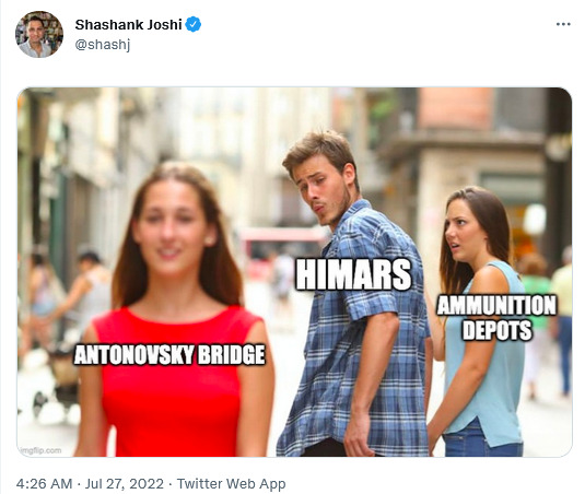 distracted boyfriend HIMARS looks at Antonovsky Bridge instead of Ammunition Depots