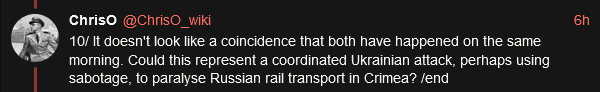 It doesn't look like a coincidence that both have happened on the same morning. Could this represent a coordinated Ukrainian attack, perhaps using sabotage, to paralyze Russian rail transport in Crimea?