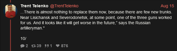 there is almost nothing to replace them now, because there are few new trunks. Near Lisichansk and Severodonetsk, at some point, one of the three guns worked for us.  And it looks like it will get worse in the future, says the Russian artilleryman.