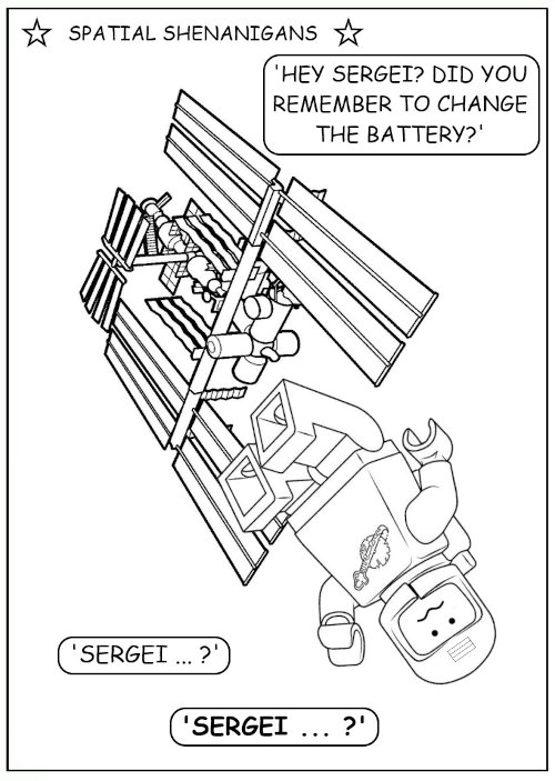 coloring book page with a space station and a hapless Russian astronaut