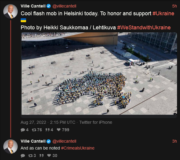 Cool flash mob in Helsinki today to honor and support Ukraine, picture of people standing in the shape of Ukraine