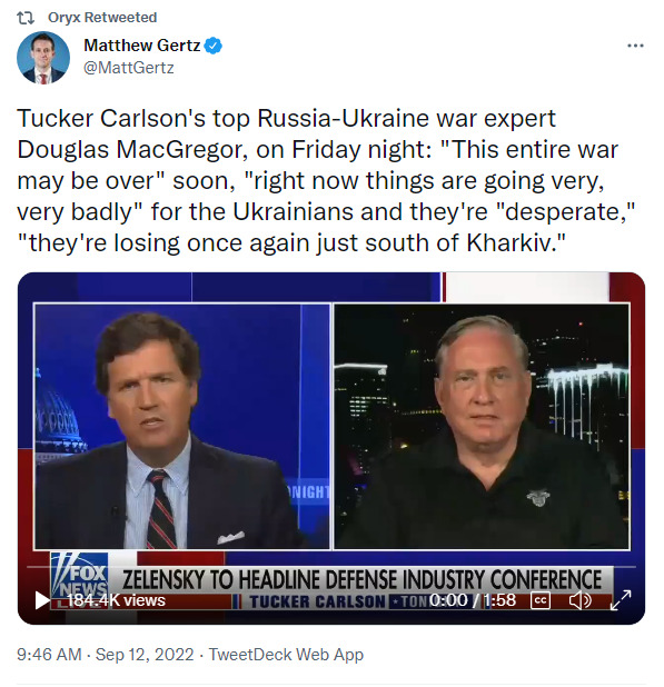 Douglas MacGregor says this entire war may be over soon, right now things are going very, very badly for the Ukrainians and they're desperate, they've losing once again just south of Kharkiv