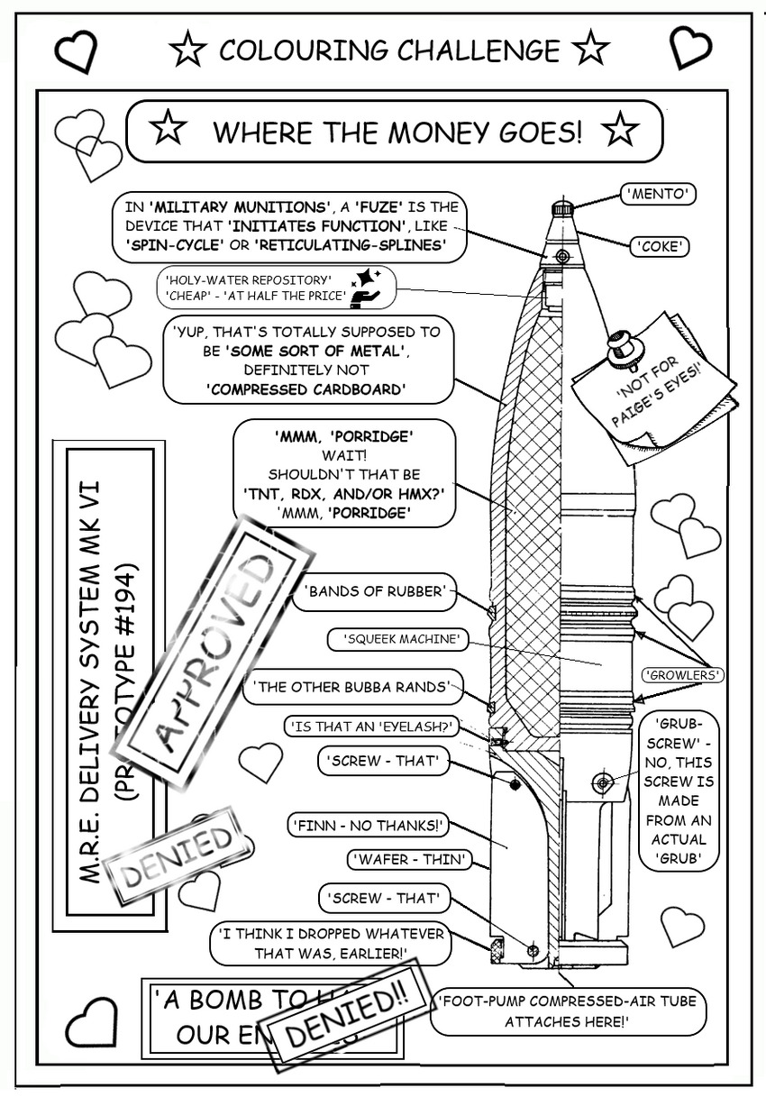 coloring book page showing a mortar shell