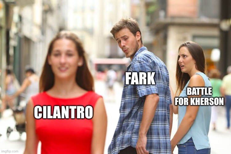 distracted boyfriend Fark looks at Cilantro instead of Battle for Kherson