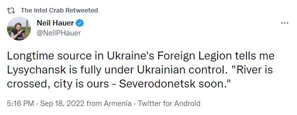 Longtime source in Ukraine's Foreign Legion tells me Lysychansk is fully under Ukraine control. River is crossed, city is ours--Severodonetsk soon.