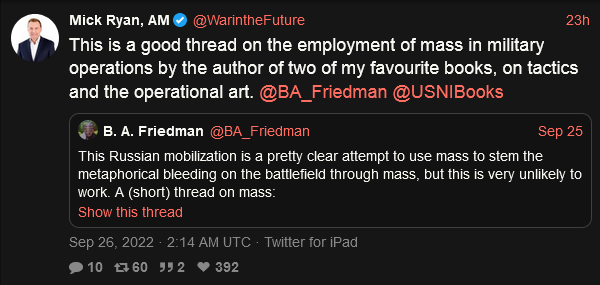 The Russian mobilization is a pretty clear attempt to use mass to stem the metaphorical bleeding on the battlefield, but this is very unlikely to work.