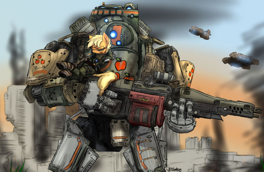 a pony sitting on a Battletech mech