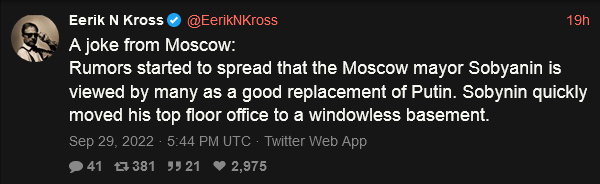 Rumors spread that Moscow mayor Sobyanin is viewed by many as a good replacement for Putin. Sobyaynin quickly moved his top floor office to a windowless basement.