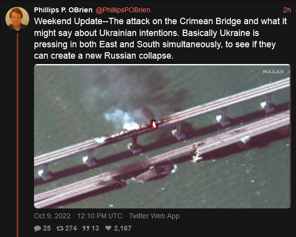 Phillips P.OBrien thinks that Ukraine is pressing in east and south simultaneously to see if they can create a new Russian collapse.