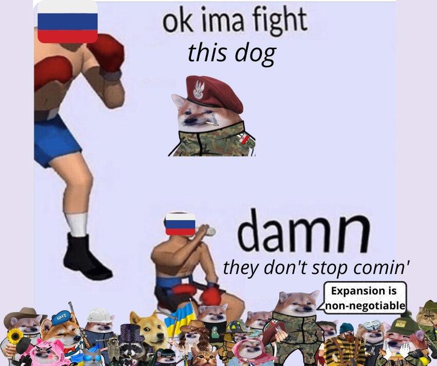 Russia: OK, imma fight this dog.  Fella: Bring it.  Russia: Damn, they don't stop comin'!  Tens of fellas: Expansion is non-negotiable.