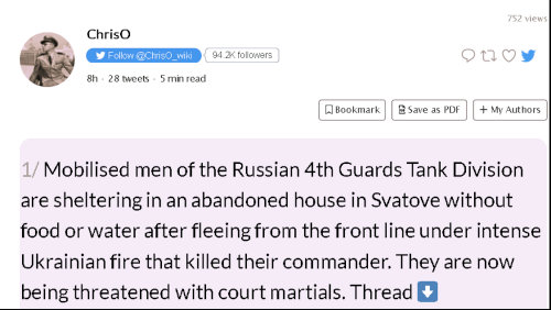 mobilized men of the Russian 4th Guards Tank Division are sheltering in an abandoned house in Svatove without food or water after fleeing fron the front line under intense Ukrainian fire that killed their commander.