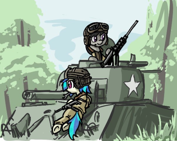 ponies riding a tank