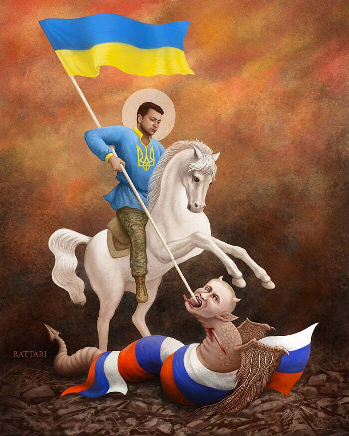 Zelenskyy as St. George slays a dragon that looks an awful lot like Putin.