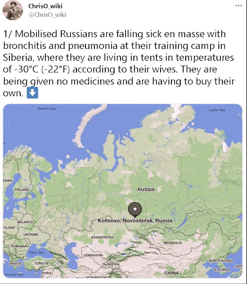 mobilized Russians are falling sick en masse with bronchitis and pneumonia at their training camp in Siberia, where they are living in tents in temperatures of -30 C according to their wives. They are being given no medicines and are having to buy their own.