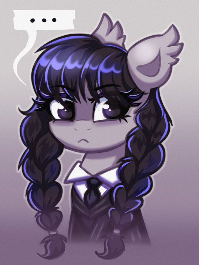 pony dressed as Wednesday Addams