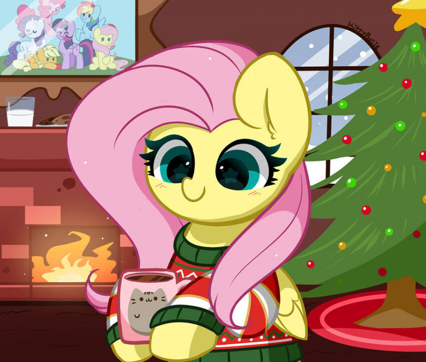 pony enjoying cocoa out of a Pusheen mug.