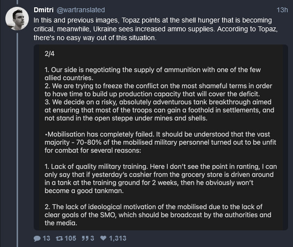 Russian soldier tweeting about how Russia is running out of shells, 80% of the mobilized soldiers can't perform, and there are no competent officers.