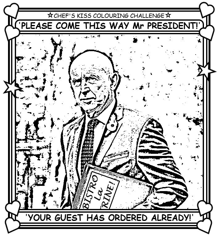 Coloring book page where Putin eats at Bistro La Trine.