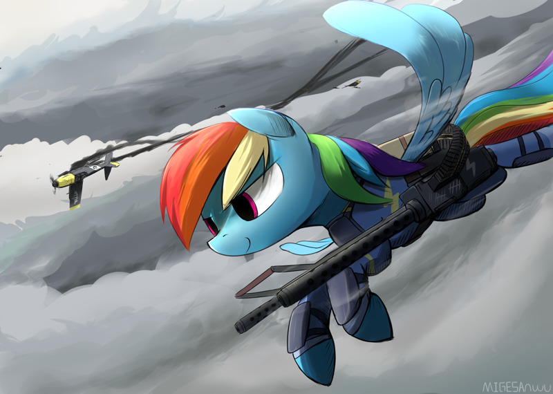 Pony flying with a rifle.