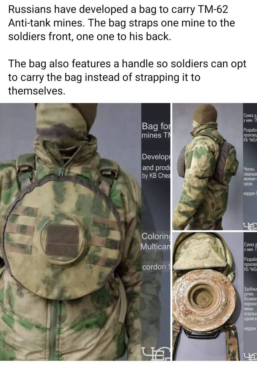 Russian soldier with an anti-tank mine strapped to his chest, and another strapped to his back.