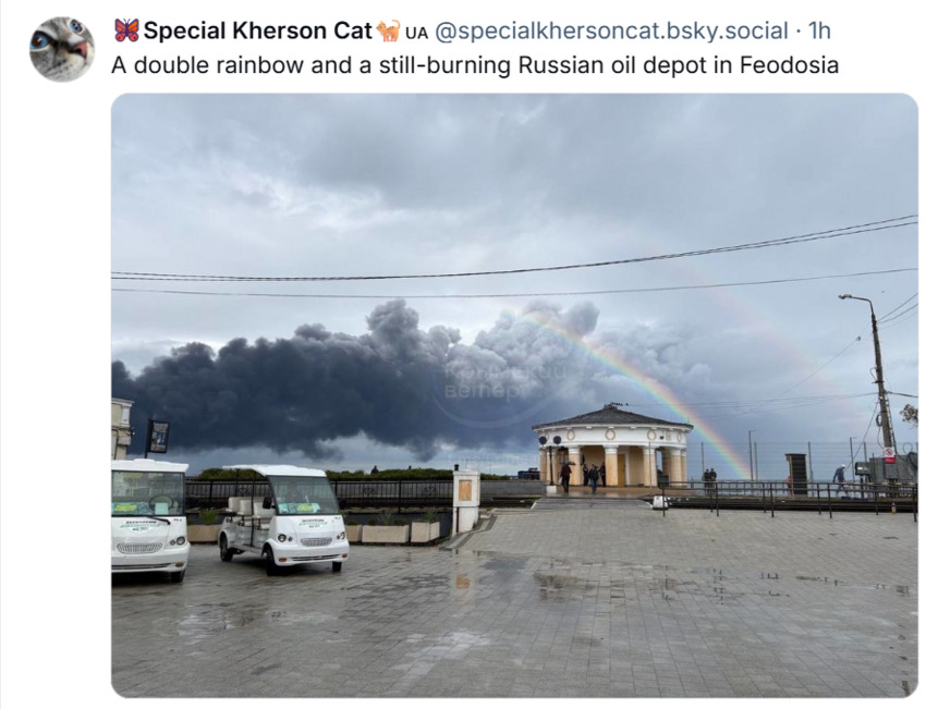 Happy things: A double rainbow, and a Russian refinery on fire in Feodosia.