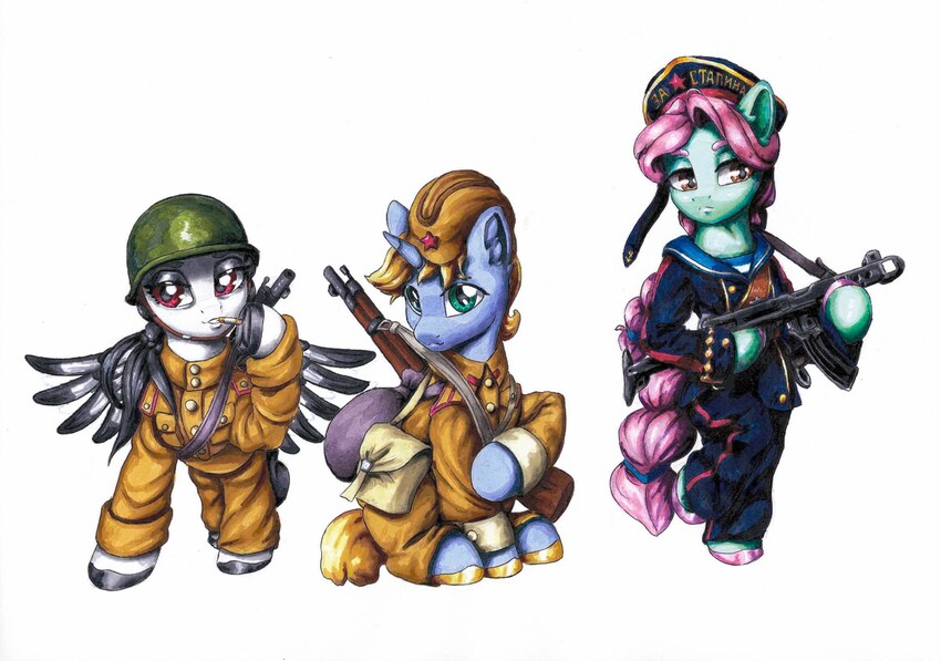 Several ponies are armed for battle and going to war.