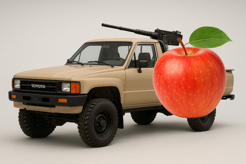 A 'technical apple', a pickup truck with a machine gun in its bed and an apple (someone wondered what a 'technical apple' was.)