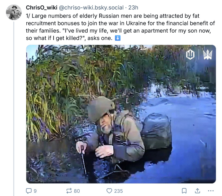 Large numbers of elderly Russian men are being attracted by fat recruitment bonuses to join the war in Ukraine.