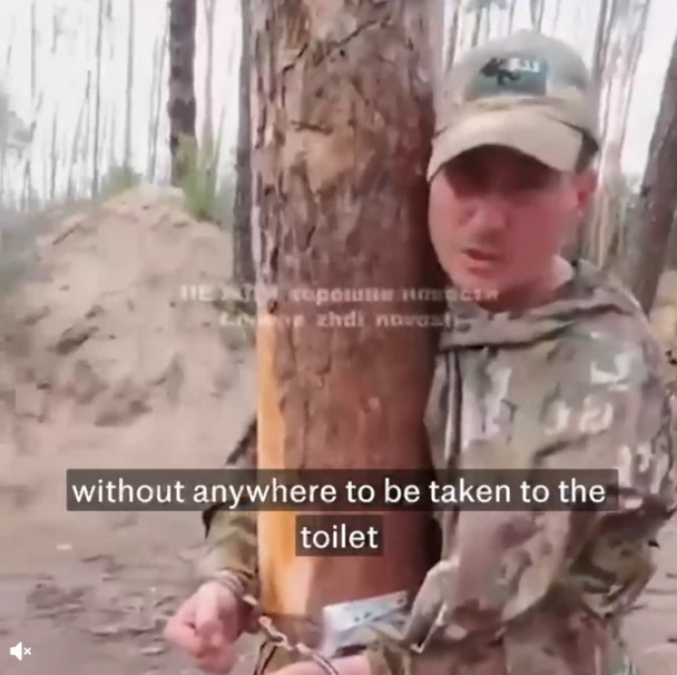 Russian soldiers handcuffed to trees and left there.