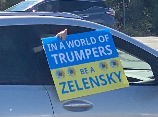 Sign at a No Kings protests saying, 'In a world of Trumpers, be a Zelenskyy' on a Ukrainian flag.