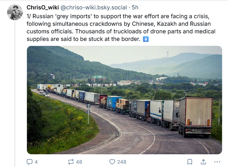 Gray imports to support the Russian war are facing a crisis, following crackdowns by Chinese, Kazakh, and Russian customs officials.