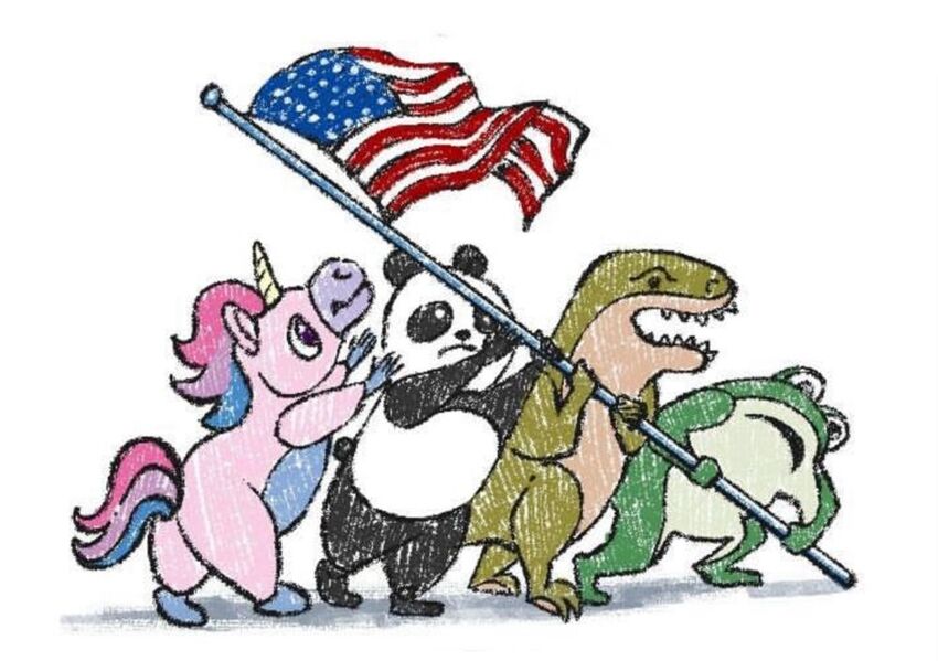 A pony, panda, T-Rex, and frog raise a flag sort of like Iwo Jima.
