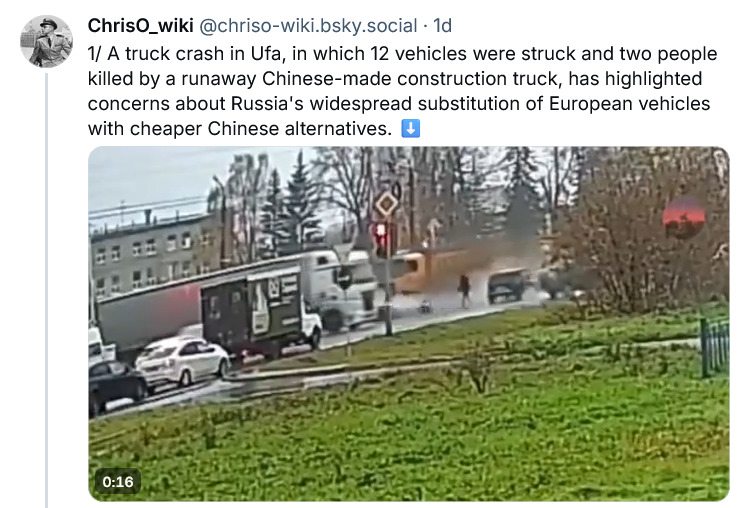 Truck crash in Ufa, in which 12 vehicles were struck and 2 people killed by a runaway Chinese-made construction truck.