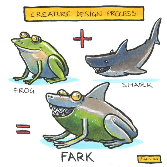 Creature design process: Frog + Shark = Fark (bizarre frog-shark hybrid.)