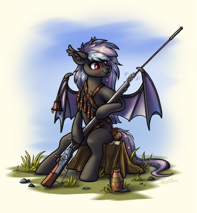 A pony sits with a rifle.