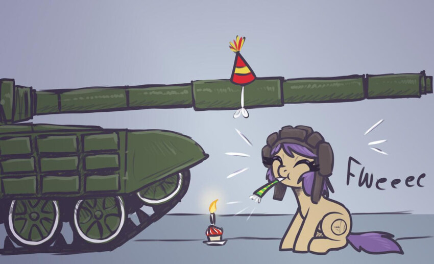 A pony with a cupcake in front of a tank.