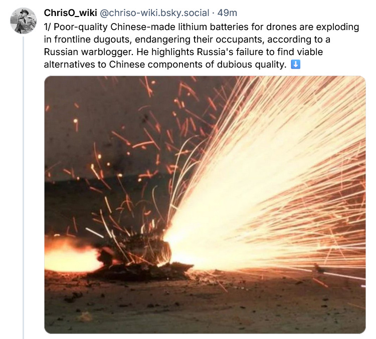 Russians are having trouble with their Chinese-made drone lithium-ion batteries catching fire.