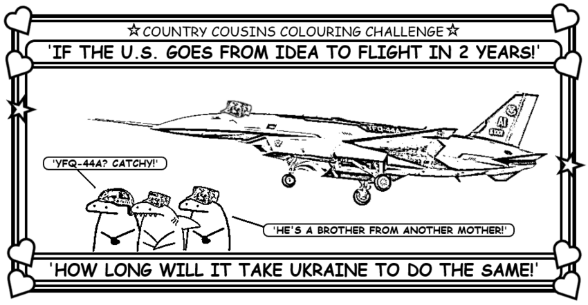 Coloring book page with a drone and some Flork of Cows figures.