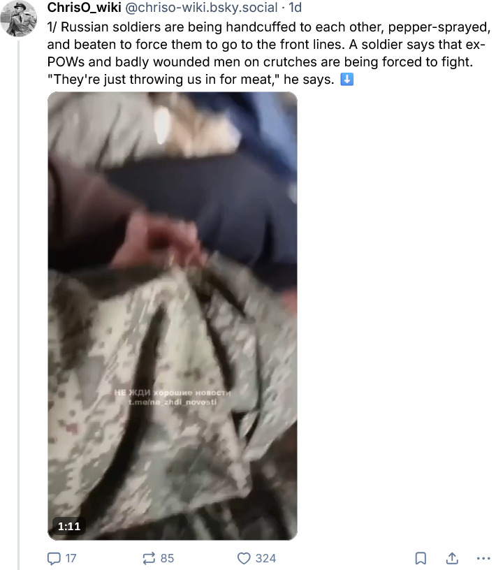 Russian troops handcuffed to each other, pepper-sprayed, and beaten.