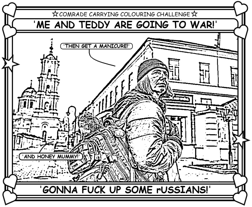 Coloring book page where a Ukrainian woman goes to war.