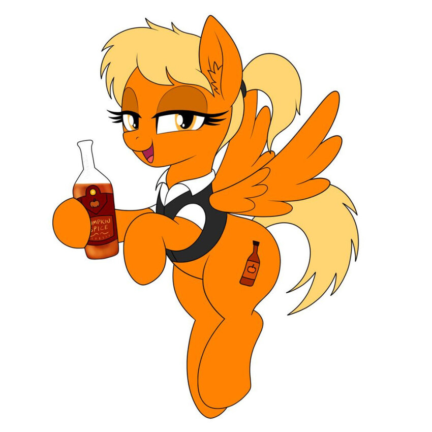 A pony flying with a bottle of wine (applejack?)