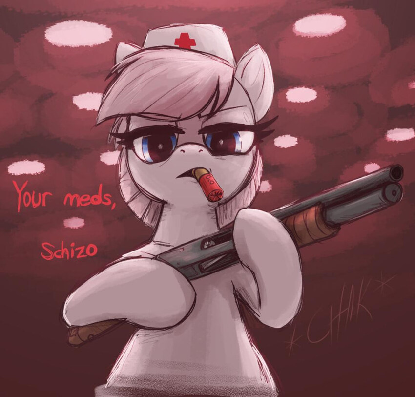 A pony with a shotgun and a cigar.