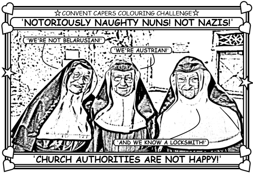 Coloring book page about naughty nuns.