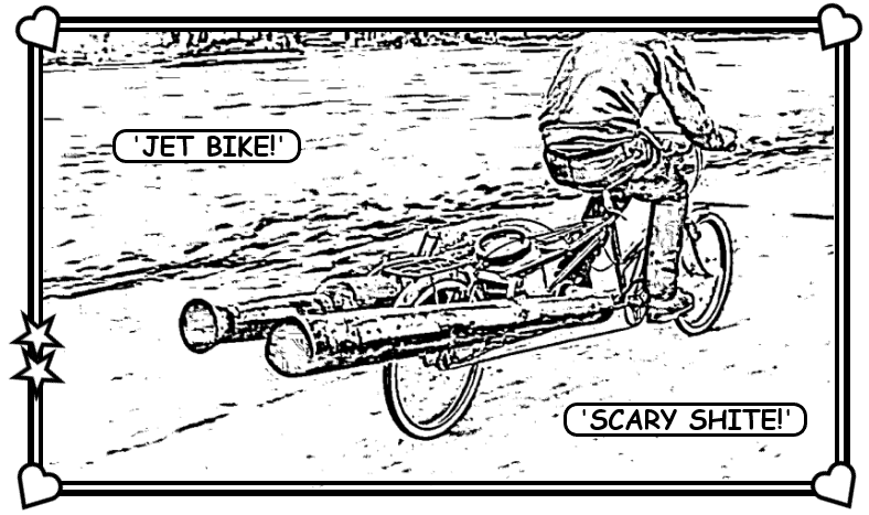 Coloring book page about a jet bike.